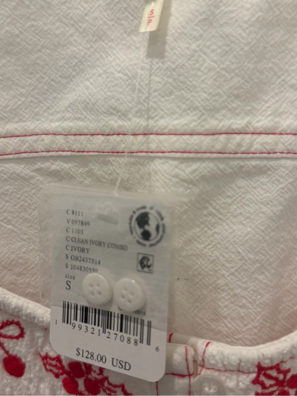 Free People White Blouse with Red Embroidered Yoke and Puff Sleeves - Picture 2 of 4